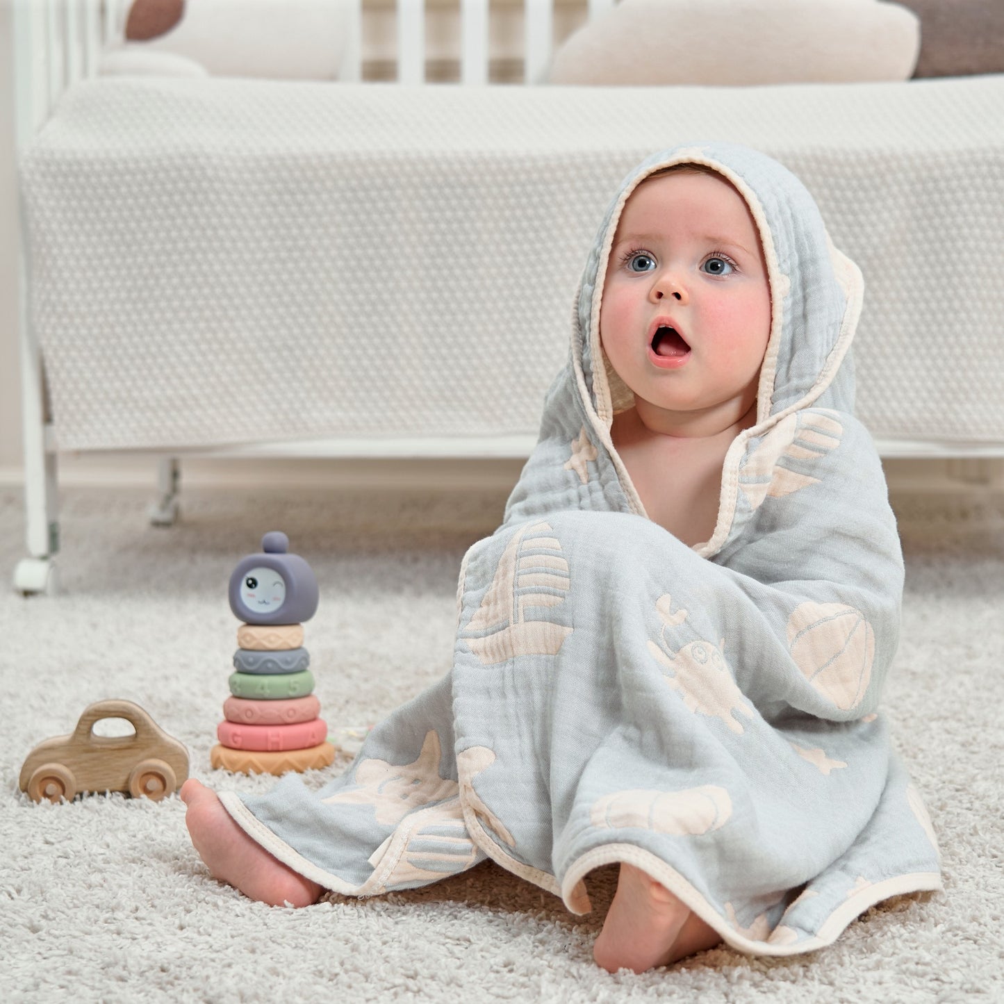 Ocean Ultra Soft Muslin Baby Towel, 32" x 32"（Purple /Grey ）