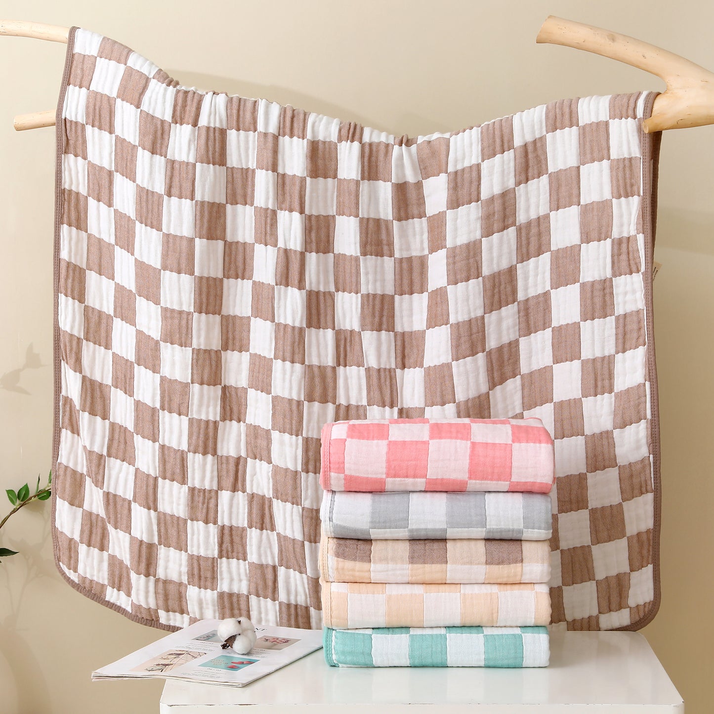 Checkered Ultra Soft Muslin Baby Blanket-Beige